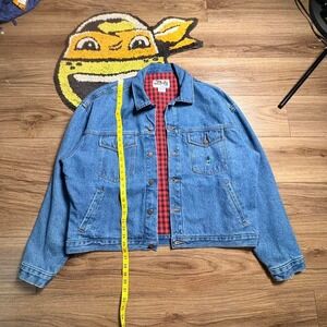 90s "4 corners" IMUS blue denim jacket with red plaid lining Size XL 0089